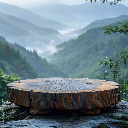 Photo of a wooden podium with nature landscape in the background for product presentation