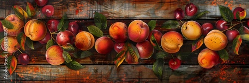 The Lush abundance of a summer orchard, with fruits like peaches, cherries, and apricots, artistically rendered on a background of rustic wood textures, ai generated
