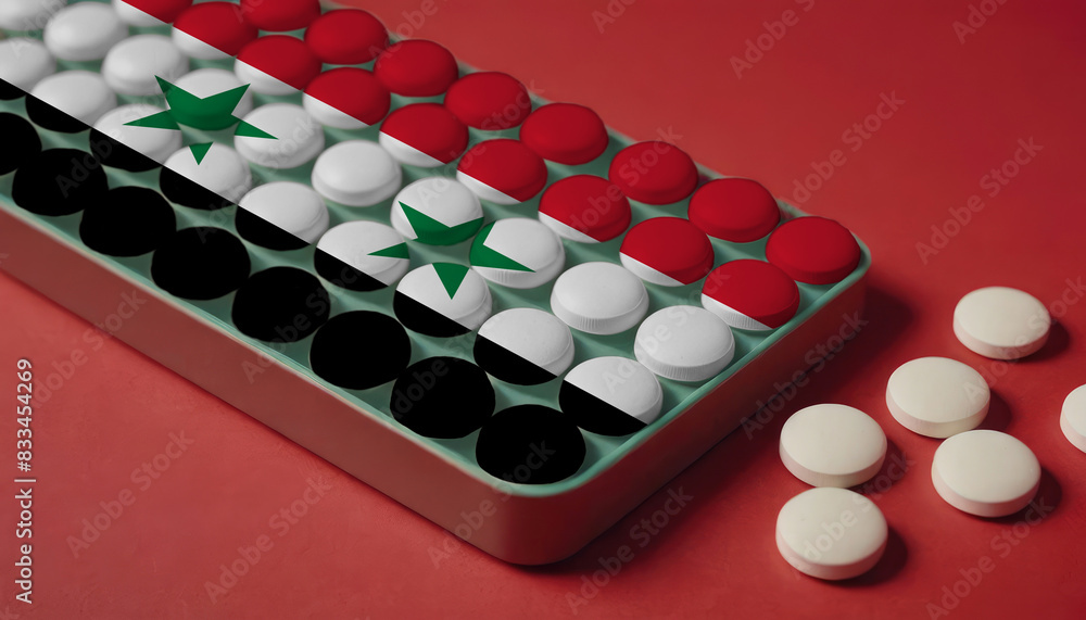 A tray of pills decorated with the Syria flag design sits on a red background, symbolizing healthcare and medicine in the Syria A tray of pills decorated with the Syria flag design sits on a red background, symbolizing healthcare and medicine in the Syria