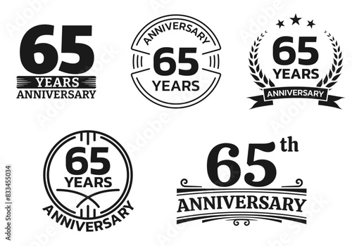 65 years icon or logo set. 65th anniversary celebrating sign or stamp. Jubilee, birthday celebration design element. Vector illustration.