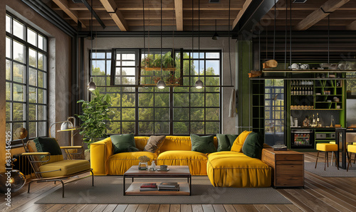 Duzy salon w stylu skandynawskim - wielkie okna, drewniany strop, żólta kanapa, stół, zielone poduszki, zieleń za oknem. photo