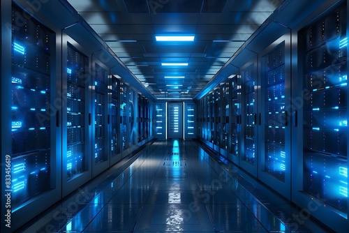 Futuristic technology server room with blue lights illuminating the aisle