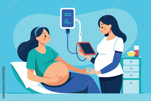 a medical professional holding an ultrasound probe and examining the fetus. A pregnant girl lies on a bed with her abdomen open.