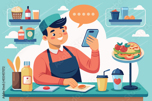 A chef in the kitchen takes a photo of a dish with his smartphone. He is dressed in an apron and white cap and stands behind the counter. tendency to share culinary experiences on social media