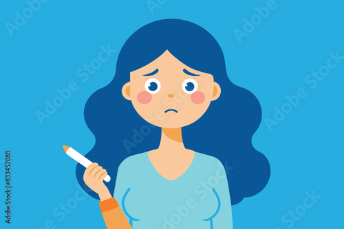 girl holding a positive pregnancy test in her hand, upset. unwanted pregnancy.