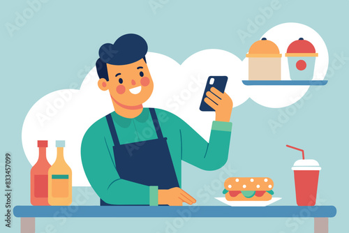 A chef in the kitchen takes a photo of a dish with his smartphone. He is dressed in an apron and white cap and stands behind the counter. tendency to share culinary experiences on social media