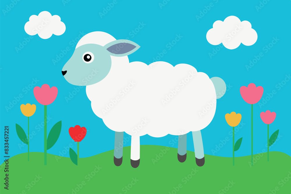 Cartoon sheep standing on a bright meadow with colorful flowers. The background shows a green landscape with hills under a blue sky with a few clouds. Cartoon sheep standing on a bright meadow with colorful flowers. The background shows a green landscape with hills under a blue sky with a few clouds.