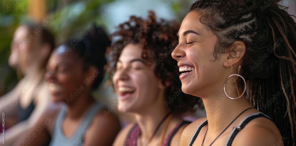 Young Women Laughing During Yoga Class Group Happiness Fitness Wellness Joyful Workout Healthy Lifestyle