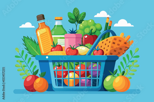 A green cart filled with various food items. Inside it you can see a loaf of bread, an apple with a leaf on top, as well as a pineapple and other foods. symbolizes grocery shopping or healthy eating. 