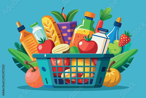 A green cart filled with various food items. Inside it you can see a loaf of bread, an apple with a leaf on top, as well as a pineapple and other foods. symbolizes grocery shopping or healthy eating. 