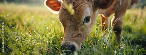 the calf grazes on the farm. Selective focus
