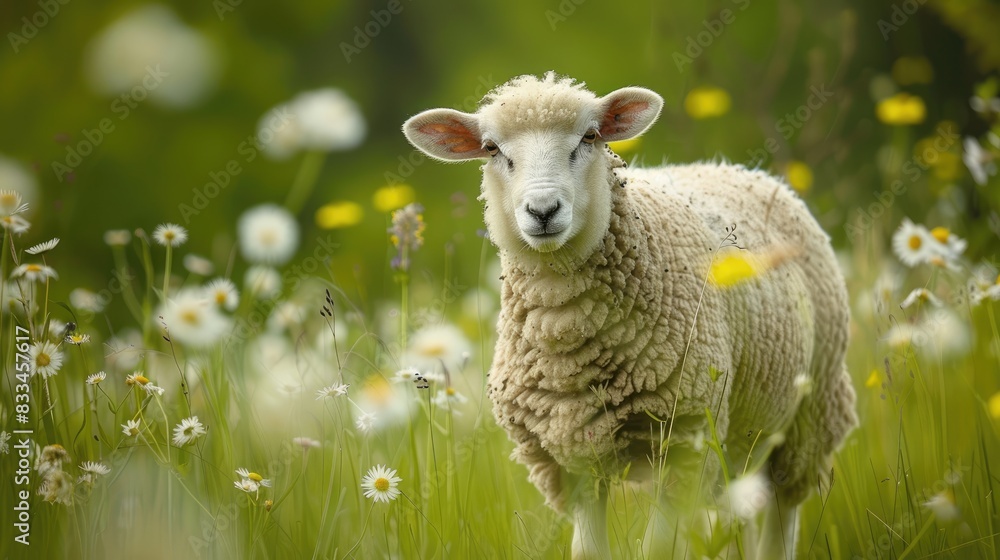 a sheep is grazing on a farm. Selective focus