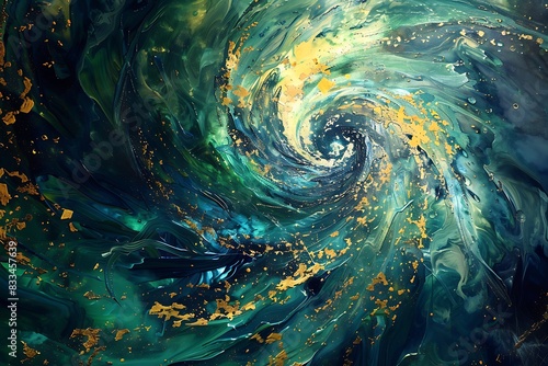 A mesmerizing vortex of swirling blues and greens with accents of shimmering gold draws the eye inward