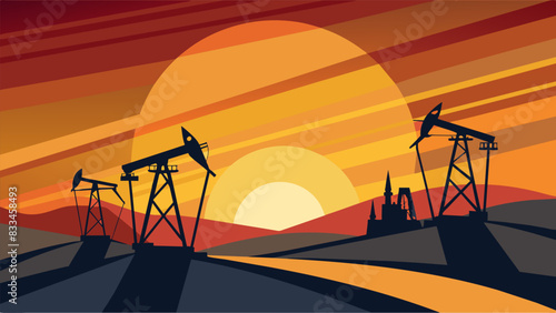 The graceful curves and sharp angles of the oil derricks silhouetted against the colorful canvas of a sunset.. Vector illustration