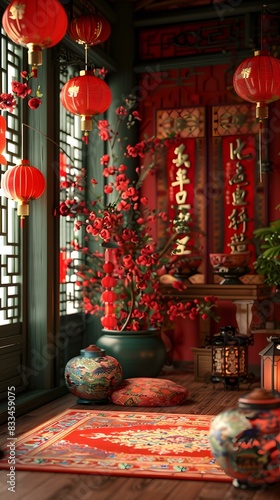 A festive Chinese New Year decoration with red lanterns and peach blossoms photo