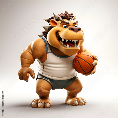 3D Render of a dinosaur cartoon character with a basketball in his hand