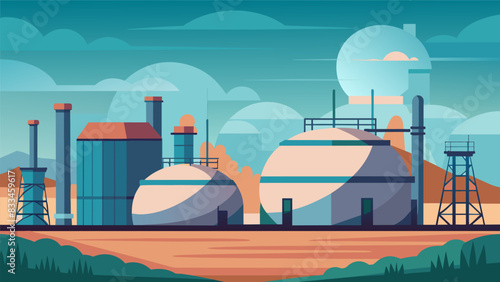 In the distance a group of massive fuel storage tanks stand in stark contrast to the sleek modern structures of the thermal power station.. Vector illustration
