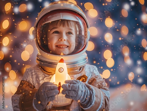 Young Astronaut Boy Holding Toy Rocket in Studio Against Starry Night Sky Backdrop with Bright Lighting
