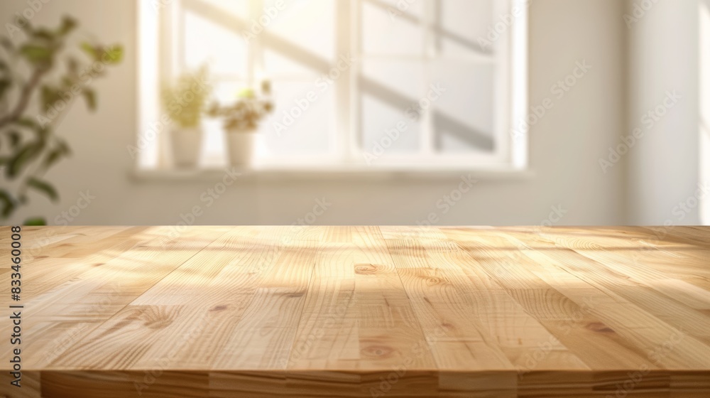 Minimalist wooden tabletop with vase and flowers in sunlight Minimalist wooden tabletop with vase and flowers in sunlight