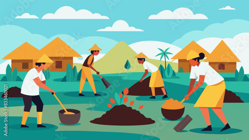 The rhythmic sound of peat blades hitting the ground in unison as a group of workers expertly work together to quickly gather enough fuel for the. Vector illustration