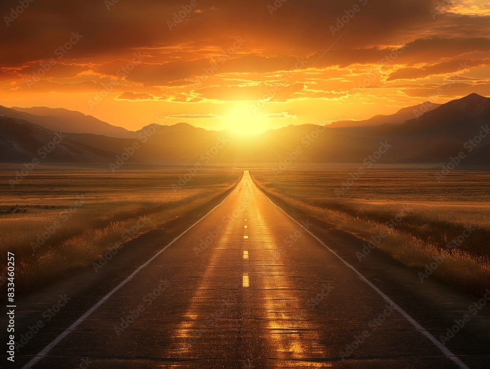 A long, straight road stretches into the horizon under a vibrant, golden sunset, flanked by open fields and distant mountains