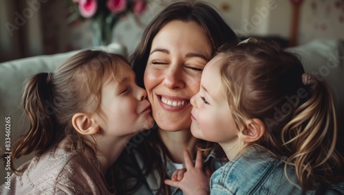 Heartwarming portrait of a happy mother with her two little daughters sharing a joyful, affectionate moment together.