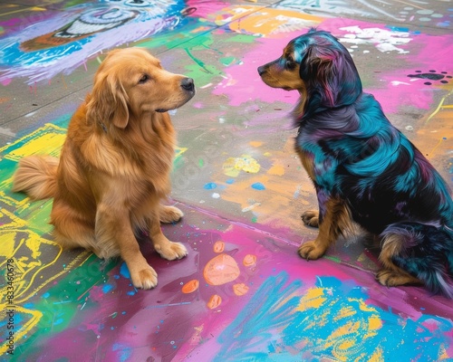 At a colorful street art festival a Golden retriever and blue Maine Coon watch artists create murals photo