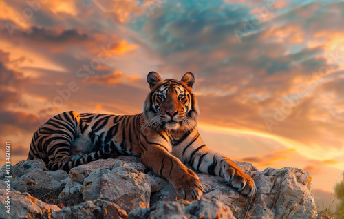 A majestic tiger sitting on rocks with sunset sky background, showcasing its powerful and elegant posture.