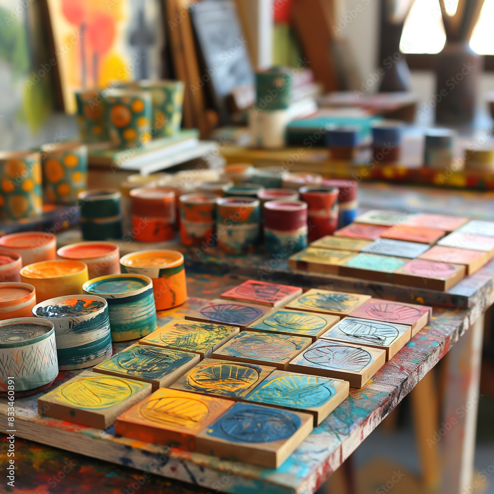 The image is a close-up of a table covered with colorful wooden blocks and paint cans The image is a close-up of a table covered with colorful wooden blocks and paint cans