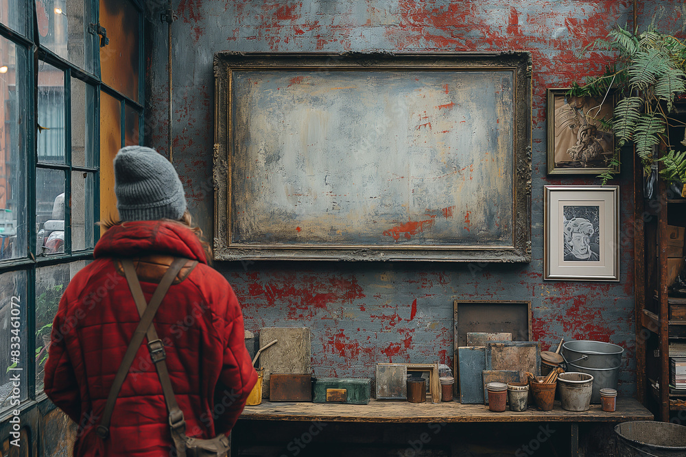 The image is a photo of a person wearing a red jacket looking at a blank frame on a wall. The image is a photo of a person wearing a red jacket looking at a blank frame on a wall.