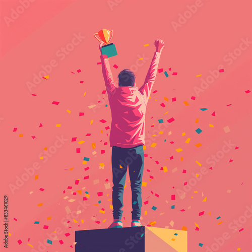 The image shows a person standing on a podium and raising their arms in victory. They are surrounded by confetti. photo