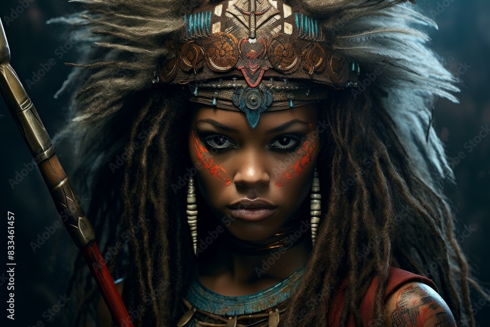 Fierce female warrior in tribal attire and face paint poses confidently Fierce female warrior in tribal attire and face paint poses confidently