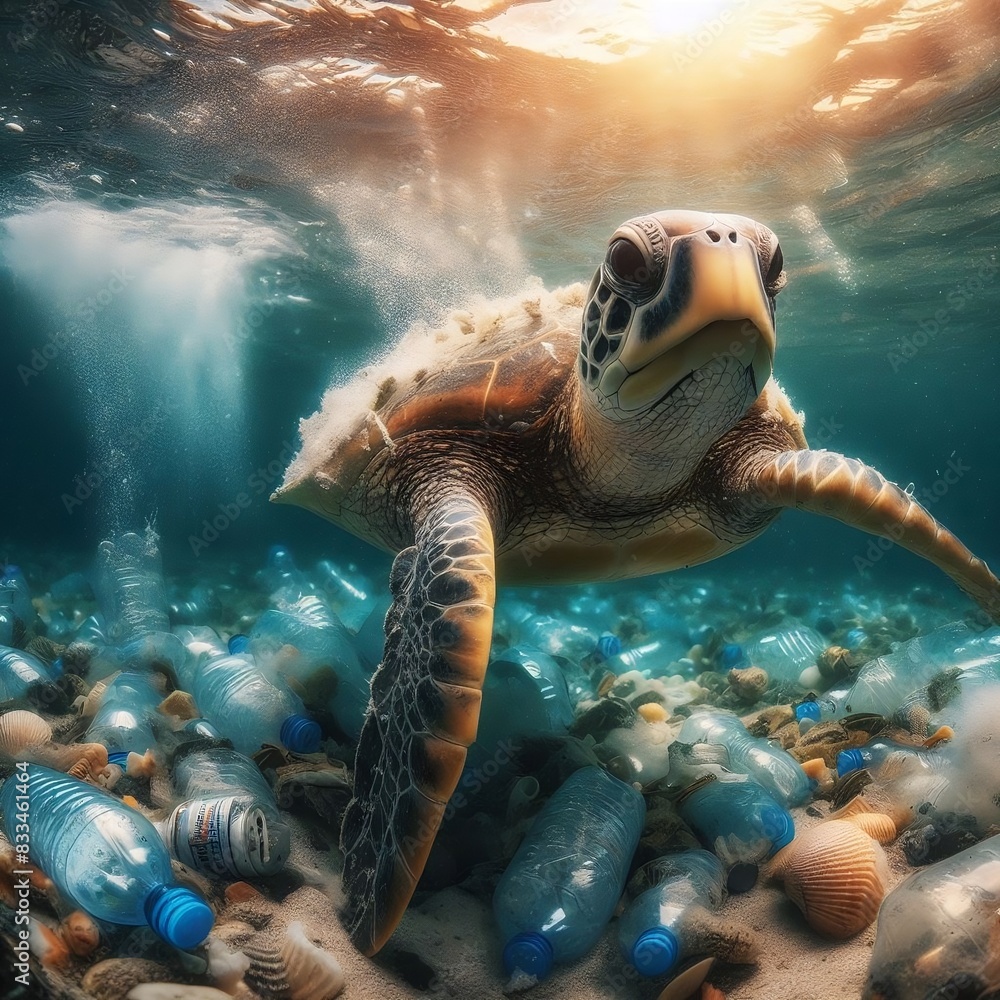 Obraz premium Sea Turtle trying to escape from the oceans pollution, digital illustration created with generative ai. 