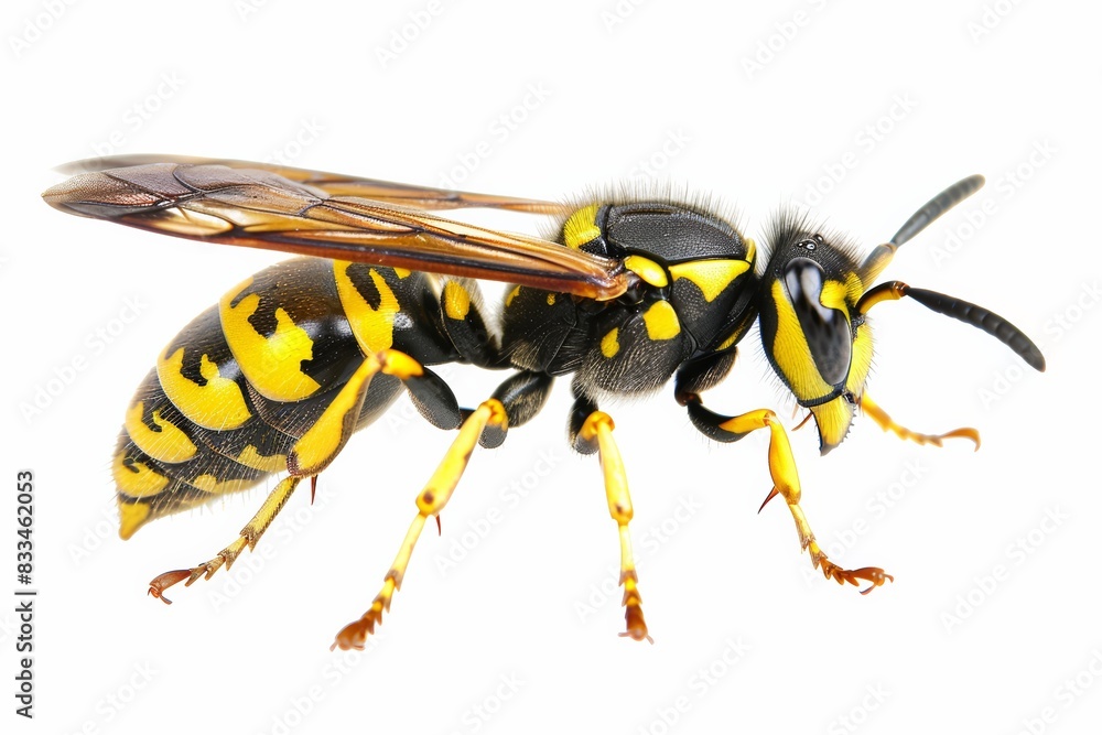 Macro Closeup of Yellowjacket on White Background, Detailed Insect Photography, High Resolution Wildlife Image, Environmental Focus
