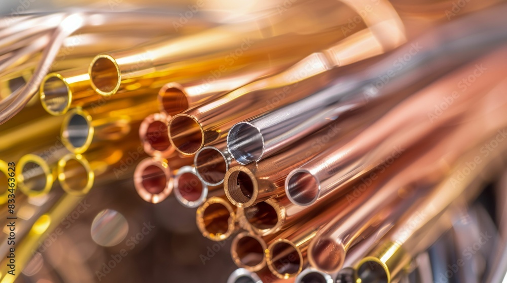 Naklejka premium Abstract Blurred Vision of Copper and Metallic Tubes. Generative ai.
