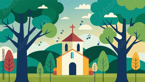 The sound of church hymns echoing through the trees filling the outdoor space with uplifting music.. Vector illustration