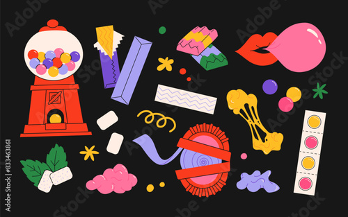Bubble gum chewing candy, colorful sweet snack in pack for children isolated set on white background. Vintage Vector illustration of bubblegum sugar desserts with different shape and flavor