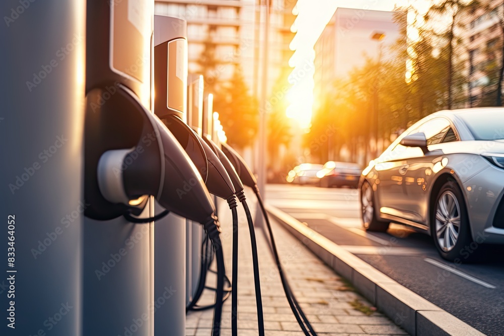 Eco-friendly sustainable energy concept - charging station for electric vehicles in a mall parking lot. A bank of electric car chargers. Close-up view. Eco-friendly sustainable energy concept - charging station for electric vehicles in a mall parking lot. A bank of electric car chargers. Close-up view.