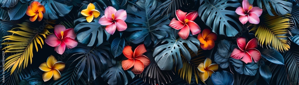 Obraz premium Colorful tropical foliage with vibrant flowers, dark background, bold and lively