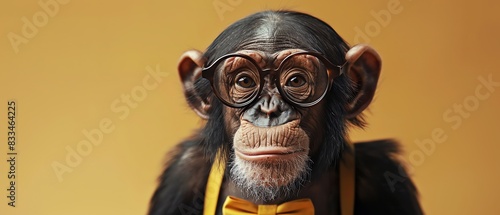 Chimpanzee wearing glasses, bow tie, and suspenders, humorous portrait, neutral background