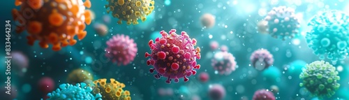 Closeup of virus cells and capsules, vibrant colors, floating in teal background, 3D render