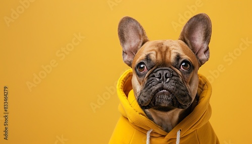Cute French Bulldog in a yellow outfit, standing confidently against a matching yellow background © Creative_Bringer