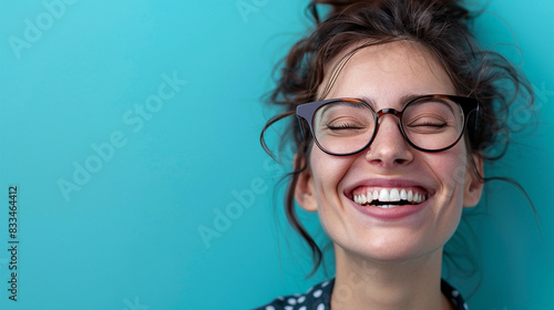 Young Happy Cheerful Professional Business Woman Laughing In Office, Wearing Glasses, Looking At Copy Space, Advertising Job Opportunities Or Business Services