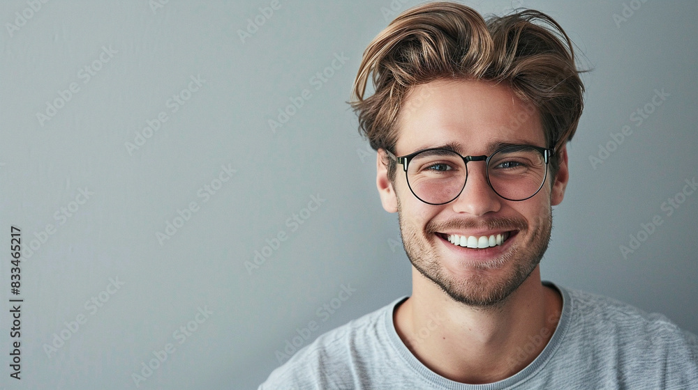 Young Attractive Man With A Wonderful Smile Wearing Fashionable Spectacles Against A Neutral Background With Copy Space, Perfect For Advertising Or Marketing Campaigns Young Attractive Man With A Wonderful Smile Wearing Fashionable Spectacles Against A Neutral Background With Copy Space, Perfect For Advertising Or Marketing Campaigns