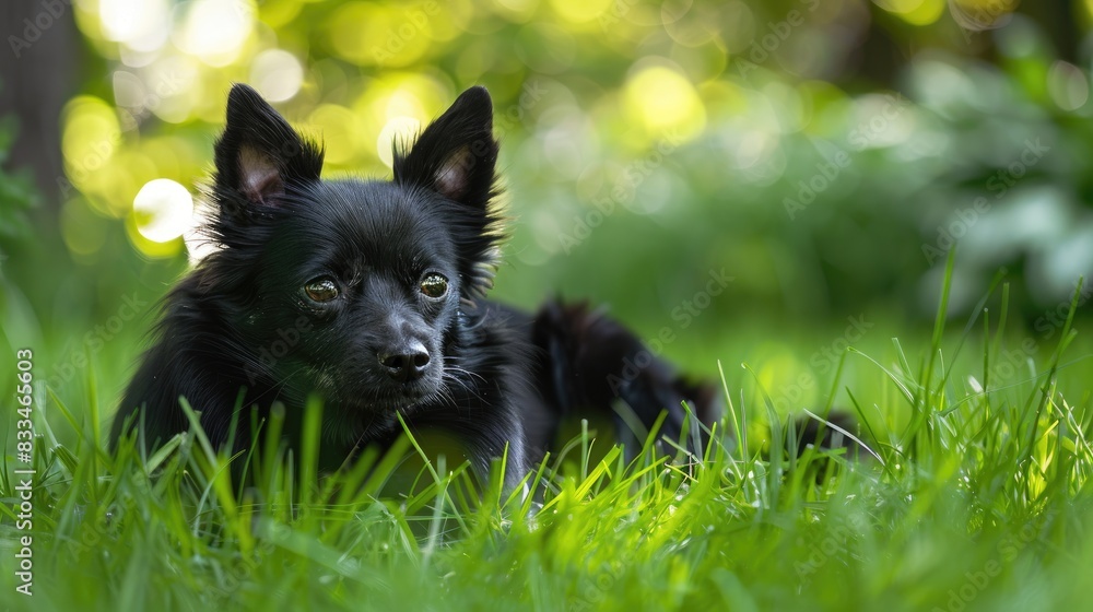 Schipperke young female resting in the grass with a lovely expression showcasing patience as a model Schipperke young female resting in the grass with a lovely expression showcasing patience as a model