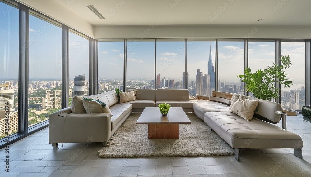 Fototapeta premium Elegant, modern living room with minimalist decor. A modern living room with large windows overlooking the city skyline