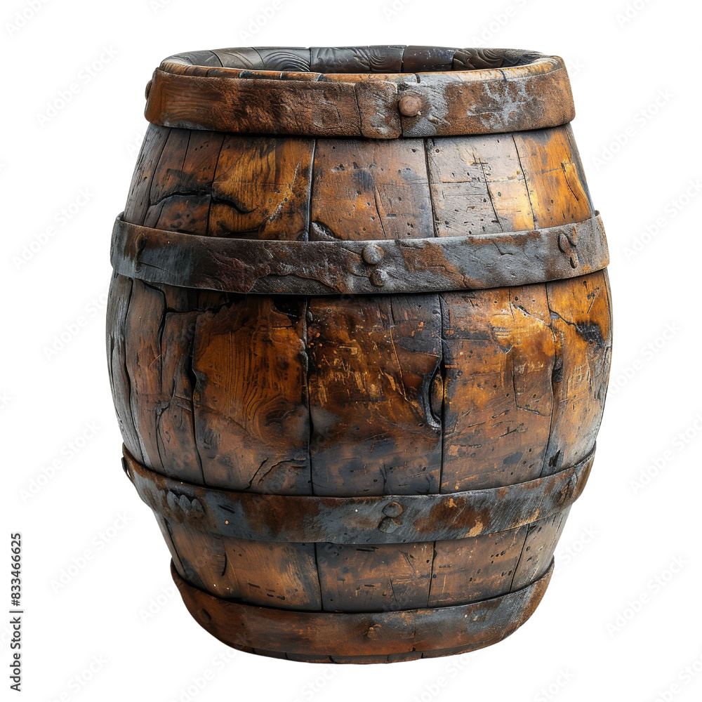 A weathered wooden barrel with metal bands. The barrel is aged and has a rustic look. isolated transparent background A weathered wooden barrel with metal bands. The barrel is aged and has a rustic look. isolated transparent background