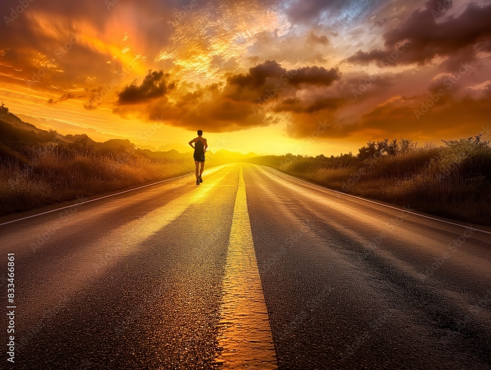 A lone runner jogs down an empty road at sunset, with dramatic clouds and vibrant colors in the sky