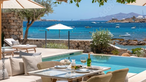 a glass of ouzo glistening on a dining room table in a luxurious mansion villa  with a backdrop of summer beach vibes.