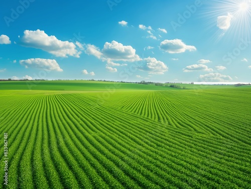 A vast  vibrant green field with neatly lined crops stretches under a clear blue sky dotted with fluffy white clouds